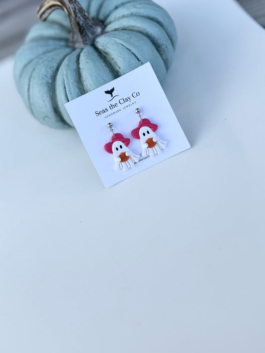 Ghost Earrings Holding a Pumpkin